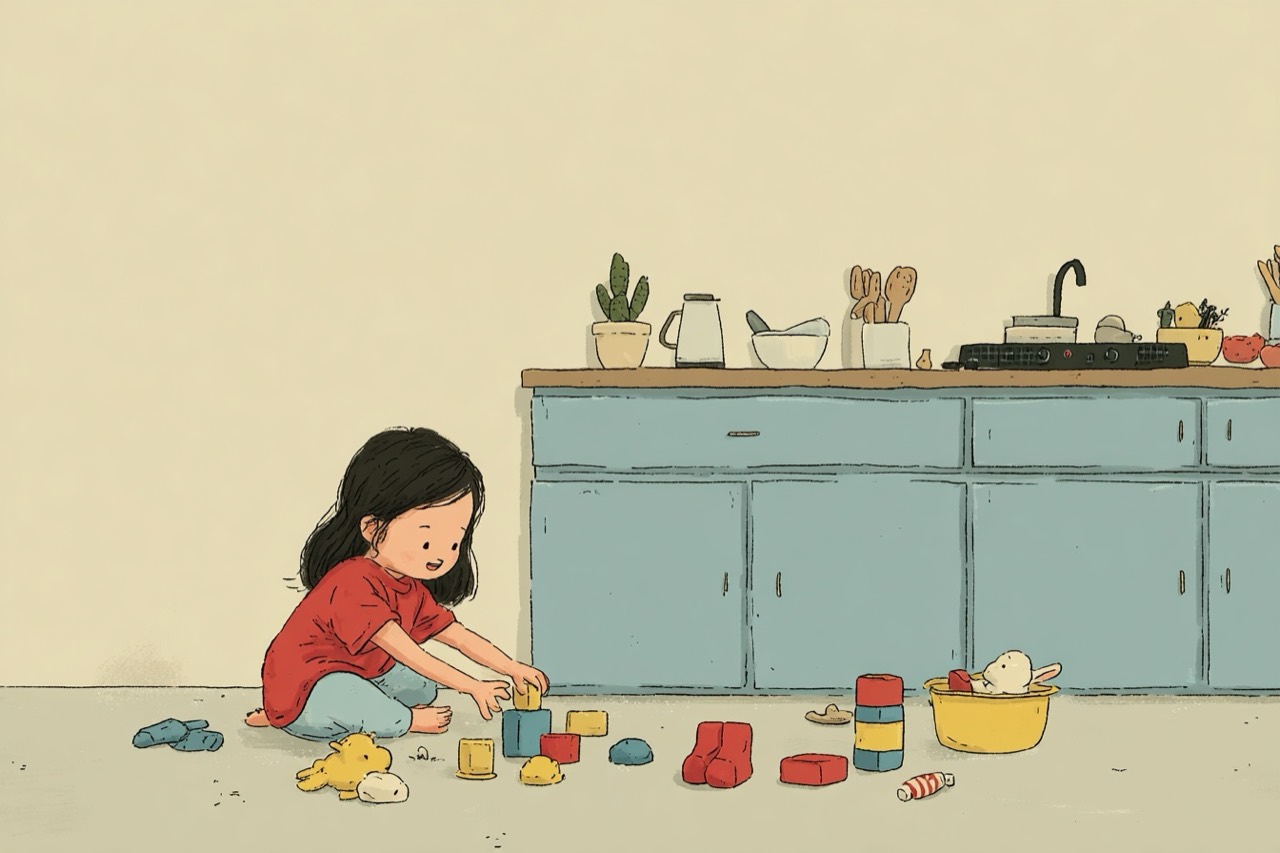 A young child sorting toys and blocks on a kitchen floor