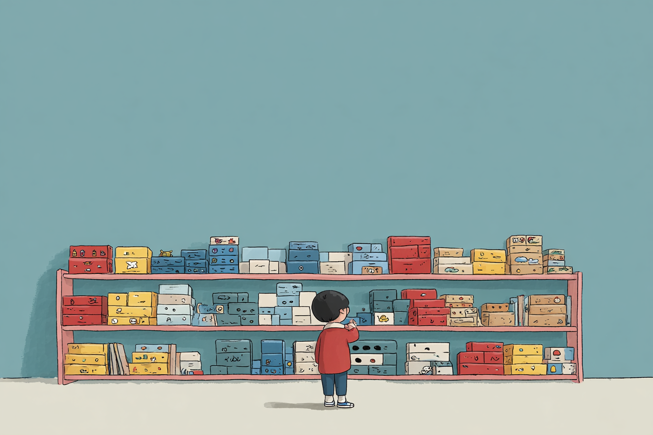 A child standing in front of shelves filled with colorful toy bins